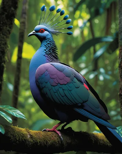 Write a descriptive paragraph about the majestic Southern Crowned Pigeon in a tranquil rainforest setting.,scheepmaker's crowned pigeon,blue crowned pigeon,scheepmaker crowned pigeon,victoria crowned 