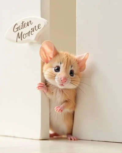 photograph of a cute [mouse] peeking from behind a wall, against a white background, speech bubble with the sign " Guten Morgen " high-definition studio shot, soft lighting, low contrast, clean color 