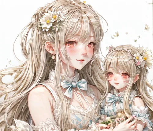 silver wedding,mother and daughter,holding flowers,twin flowers,hydrangeas,fairies,bridal,lily family,bouquets,mom and daughter,sisters,lilies,white flowers,white butterflies,flower crown,bride,little