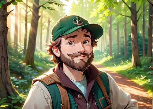 A 40 year old man, he is a forester, he is wearing a cap with a deer logo on it, his beard is chesnuts colored, hes is wearing forester clothes green and brown colored,a digital painting of a man in t