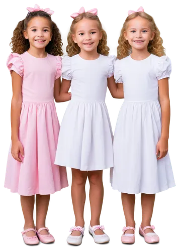 Cute chicks, three little girls, (6-8yo), smiling faces, rosy cheeks, big shiny eyes, curly blonde hair, ponytails, white dresses, pink bows, Mary Jane shoes, holding hands, standing together, pastel 