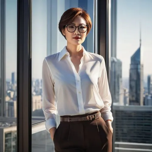 Modern architectural designer, mature lady, 30s, short brown hair, stylish glasses, elegant makeup, white shirt, black trousers, high heels, standing, glass door, metal frame, transparent reflection, 