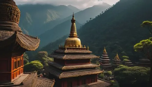 Ancient Nepalese architecture, ornate wooden carvings, intricate stone sculptures, Buddhist stupas, tiered pagodas, vibrant colorful prayer flags, intricately designed windows, ornamental doorways, go