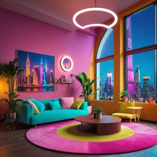 modern decor,apartment lounge,sky apartment,colorful city,modern room,neon candies,livingroom,neon colors,modern living room,great room,living room,neon cocktails,floor lamp,colorful light,colored lights,an apartment,garish,penthouses,contemporary decor,interior design,Conceptual Art,Sci-Fi,Sci-Fi 26