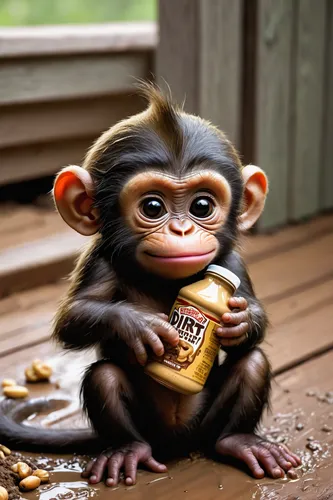 Chunky baby monkey, dirt, mud, grimace, down, porch, peanut butter, cute,chimpanzee,baby monkey,common chimpanzee,primate,chimp,cheeky monkey,monkey,baby playing with food,monkeys band,bonobo,marmoset