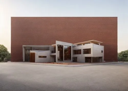 First-Person View, red brick facade, a red brick cathedral on the side of the road, Backlight, octane render,school design,corten steel,archidaily,new building,brick house,music conservatory,athens ar