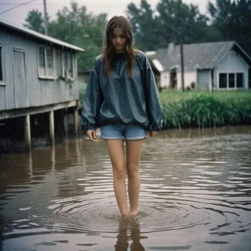 A cute 20 year old young girl, bare foot, cute face, over sized cropped pullover, not wearing any form of shoes. Paying with feet in the water, Dark aesthetic, creepy, horror, rainy, flooded,floodwate