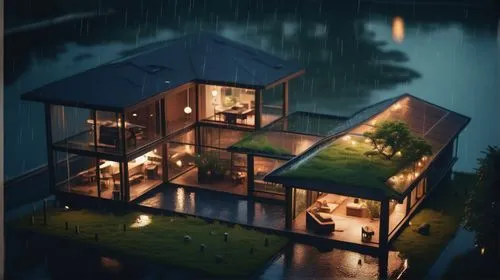 a compound modern house for a novelist family with 2 children by the lakeside using concrete, wood and glass material. homey and warm house ,house by the water,rainy,houseboat,house with lake,rainy da