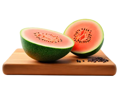 Ripe melon, half-cut, juicy flesh, green rind, seeds visible, wooden cutting board, shallow depth of field, warm lighting, 3/4 composition, close-up shot, soft focus, vibrant color tone.,muskmelon,wat