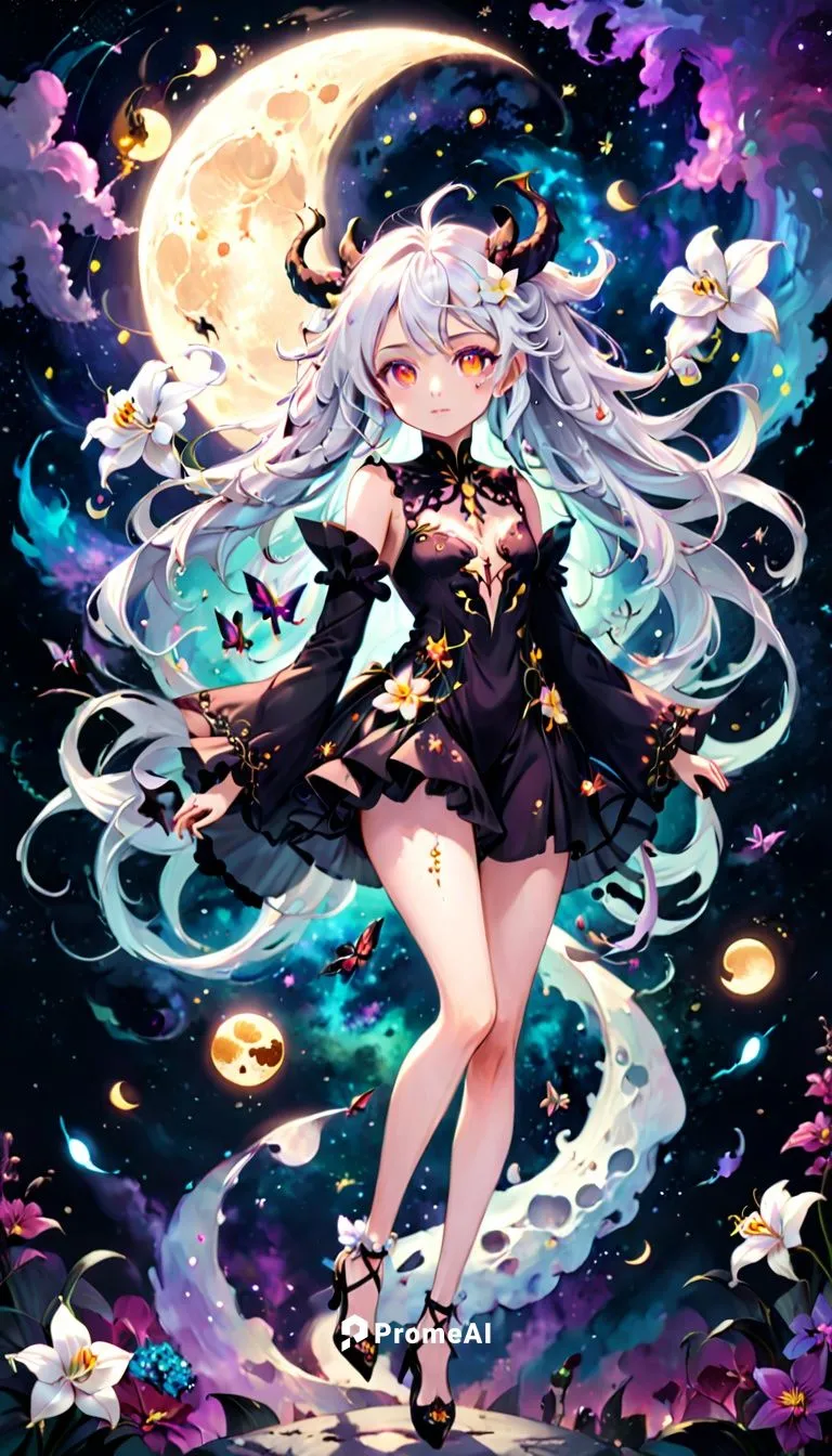 moth woman, long swirly hair, skulls, stars, large moons, colourful nebula, horns, white orchids, black lilies, moths, fairy, venus, succubus, windy,Cosmos,junko,lumi,chaika,cagliostro,takane,fairy ga