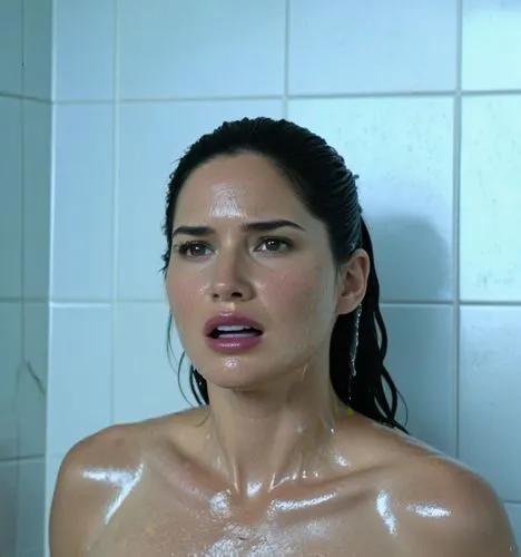 Olivia Munn in the shower covered in soap,woman with wet body in shower looking over her shoulder,wet,showering,shower,soapsuds,wet girl,conditioner