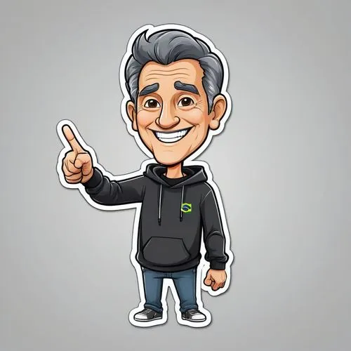 55 year old man with black hair with gray sides, Brazilian, smiling, wearing black sweatshirt, pointing finger to the right, lineart cartoon sticker style with outline, white background


,a caricatur