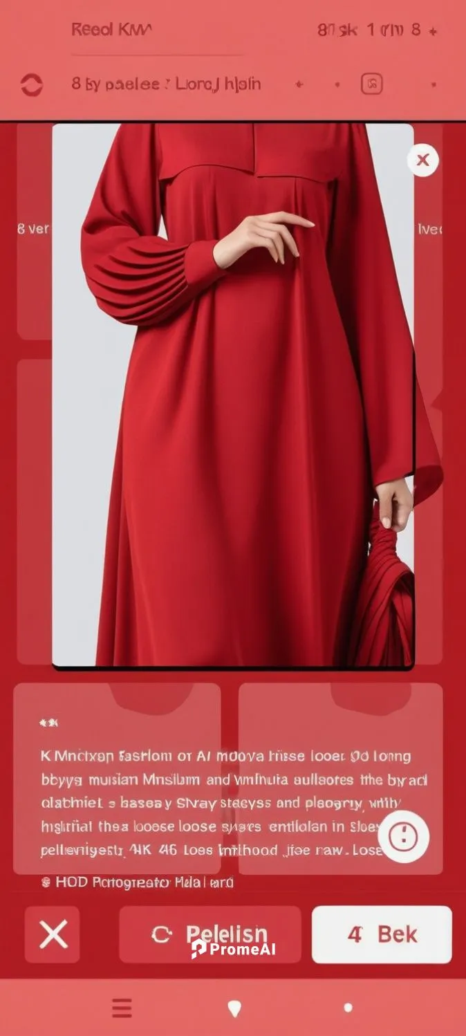 3d fashion drawing of women red  long maxi red  loose abaya fashion Muslim hijab with the pelisee and a lot of pleats on   sleeves pleated sleeves and elastic on the hand of the sleeves  loose abaya w