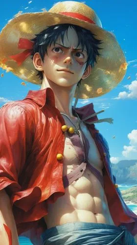 Create a realistic digital painting of Monkey D. Luffy from One Piece. He is a young pirate with a lean, muscular build, wearing his iconic straw hat with a red ribbon, an open red vest, blue shorts, 