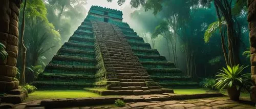 Ancient Aztec architecture, pyramid structure, intricate stone carvings, vibrant turquoise and gold accents, lush greenery surroundings, misty morning atmosphere, atmospheric lighting, dramatic shadow