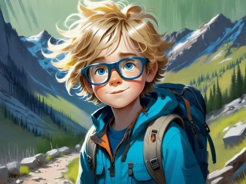 A young boy, around eight years old, with messy blonde hair and blue eyes, wearing glasses and dressed in hiking gear. His hair is tousled, giving him a carefree and adventurous look,a boy with a blue