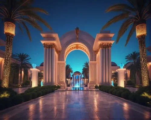 Modern architectural site design, grand entrance gate, luxurious villa, Mediterranean style, white marble columns, glass doors, spacious courtyard, greenery surrounded, fountain in the center, walking