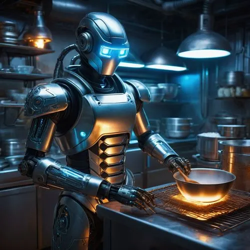 Cyberpunk themed, futuristic bakery, baked AI robot, shiny metallic body, glowing blue eyes, intricate circuitry patterns on arms, worn-out apron, mixing bowls, baking utensils, futuristic kitchen gad