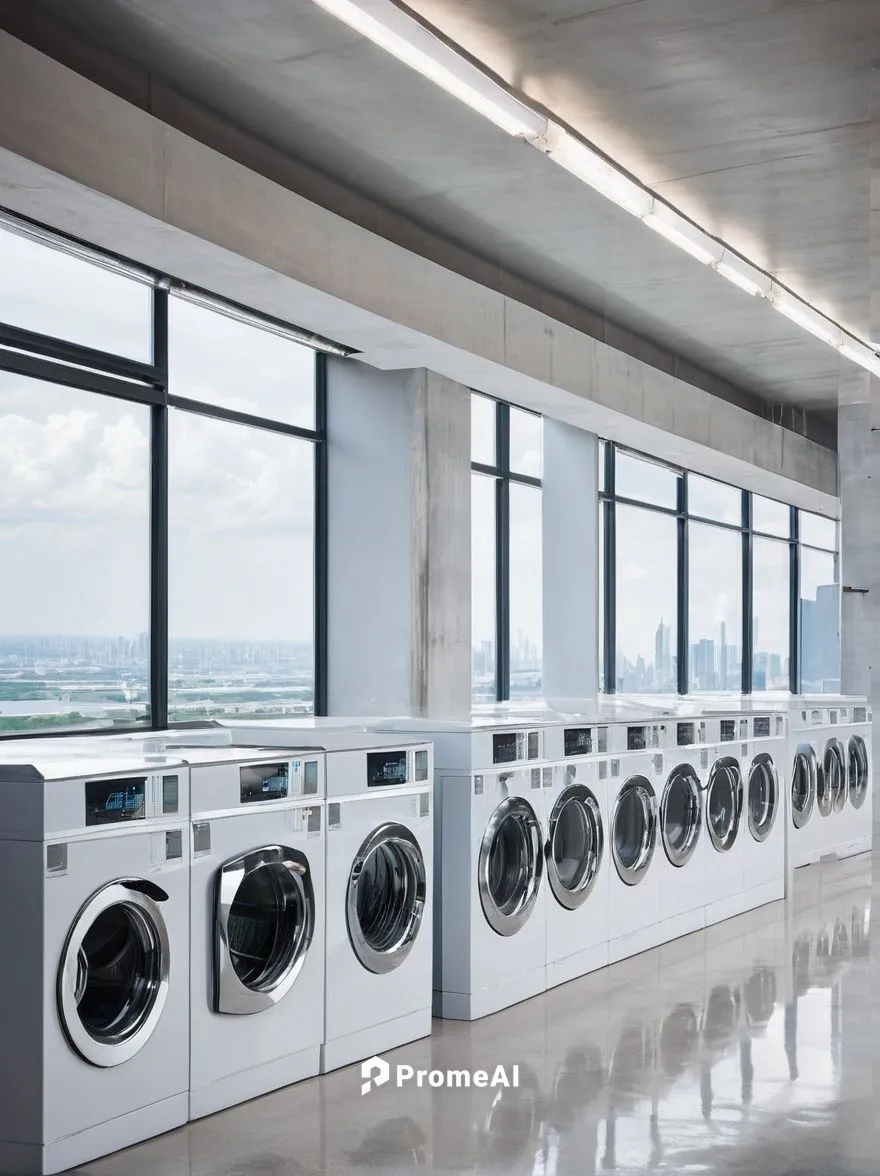 Modern laundry architecture, industrial building, urban setting, concrete walls, steel beams, large windows, metal roofing, clean lines, minimal decor, functional design, washing machines, dryers, iro