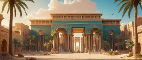 Ancient Egyptian temple, grandiose stone structure, intricate hieroglyphics, massive pillars, ornate entrance gates, golden accents, vibrant turquoise domes, sprawling courtyard, lush palm trees, sand