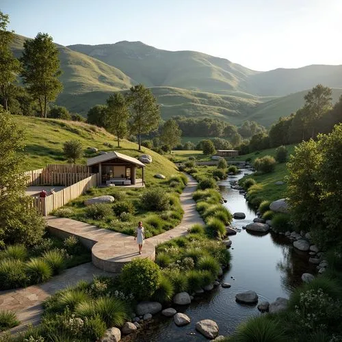 sunol,hobbiton,orinda,shire,mountain spring,tulou,salt meadows,home landscape,salt meadow landscape,drakensberg,the cabin in the mountains,idyllic,house in the mountains,green valley,landscape background,creekside,house in mountains,3d rendering,meadow landscape,alpine meadows