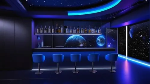 2 барные полки с бутылками,liquor bar,sky space concept,unique bar,ufo interior,nightclub,blue room,entertainment center,home cinema,home theater system,bar counter,shower bar,movie theater,piano bar,