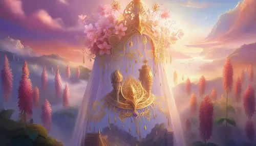 fairy chimney,sacred lotus,bird kingdom,fantasy landscape,fairy world,spire,crown of the place,the pillar of light,fairy tale castle,shrine,landscape rose,lotus stone,golden crown,skyflower,kingdom,somtum,fairy house,place of pilgrimage,fantasy world,fantasy picture,Illustration,Realistic Fantasy,Realistic Fantasy 01