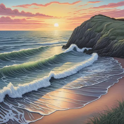 beach landscape,coastal landscape,coast sunset,seascape,sea landscape,sunrise beach,seascapes,sunset beach,carol colman,sand coast,beach scenery,mountain beach,landscape with sea,gower,cliff coast,golden sands,perranporth,ocean waves,sand waves,colored pencil background,Illustration,Realistic Fantasy,Realistic Fantasy 11