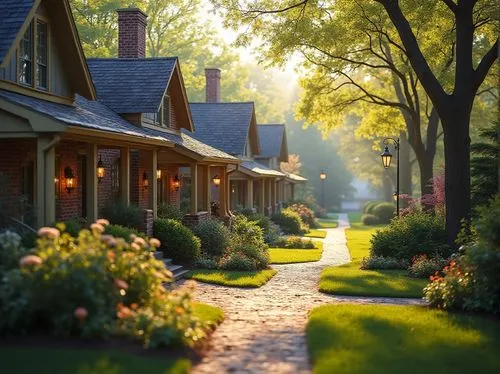 bungalows,cottages,summer cottage,home landscape,country cottage,cottage garden,cottage,tree lined path,beautiful home,townhomes,landscaping,wooden houses,idyllic,boardinghouses,morning light,front porch,pathway,aurora village,the evening light,evening sun,Photography,General,Realistic