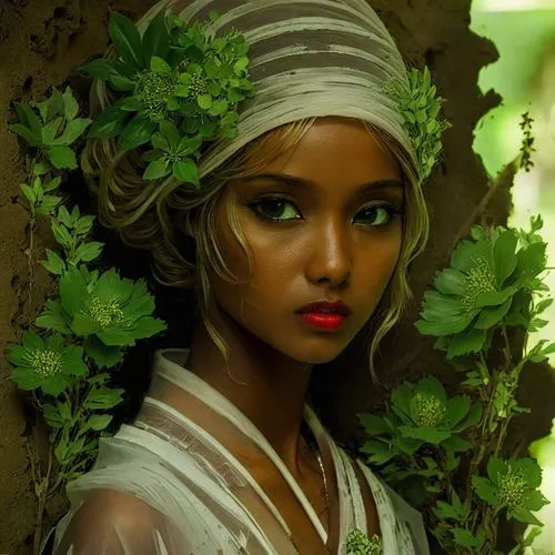 an animated female with flower decorations around her head,ethiopian girl,african woman,fulbe,nigeria woman,nubian,amaka,Illustration,American Style,American Style 12