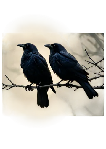 Crows, multiple birds, black feathers, glossy texture, sharp beaks, dark eyes, perched on branch, wings spread wide, morning mist, soft sunlight filtering through trees, 3/4 composition, shallow depth