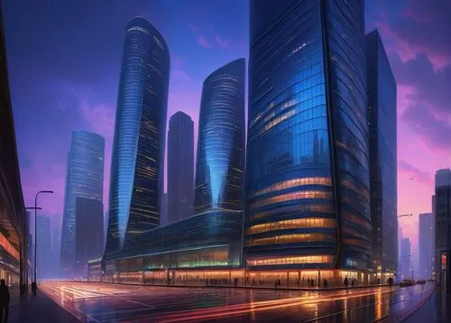 cybercity,futuristic architecture,difc,azrieli,business district,guangzhou,cyberport,megacorporations,futuristic landscape,rotana,esteqlal,damac,megacorporation,office buildings,doha,dubay,tall buildings,urban towers,moscow city,city buildings,Illustration,Realistic Fantasy,Realistic Fantasy 27