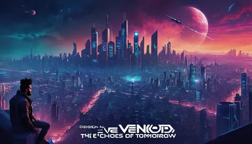 Design a futuristic Weeknd poster with a sci-fi cityscape and the text 'The Weeknd: Echoes of Tomorrow'.,violinist violinist of the moon,overtone empire,vetor,album cover,vendetta,cd cover,venera,the 