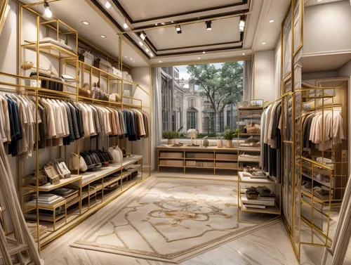 walk-in closet,women's closet,boutique,paris shops,closet,wardrobe,gold shop,gold bar shop,shop fittings,gold wall,dress shop,tisci,retail,gold business,storefront,racks,store front,garment racks,showroom,beverly hills