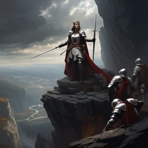 Templar queen  on the edge of the precipice, motivating his soldiers to fight. Below, his subjects should also be raising their swords in respect to their king.,guards of the canyon,heroic fantasy,fan