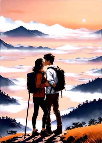 Couple, embracing, kissing, young adult, casual wear, backpacks, hiking sticks, mountain climbing, scenic background, misty atmosphere, warm sunlight, golden hour, panoramic view, shallow depth of fie