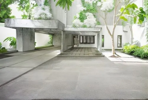 white building surrounded by greenery, a  Toyota car with a mom and dad,entry path,kansai university,driveway,underpass,walkway,shenzhen vocational college,concrete background,white temple,exposed con