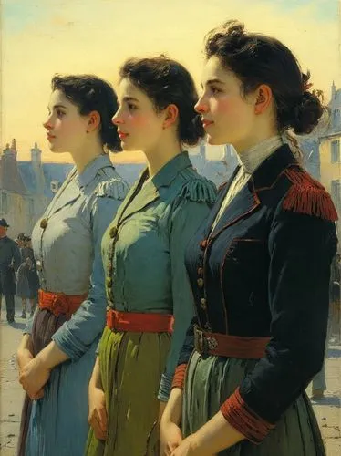 At random,a painting of three women in dresses standing together,young women,maidens,vettriano,sargent,parisiennes,lucquin,the three graces,minutewomen,rockwell,attendants,rhinemaidens,two girls,menin