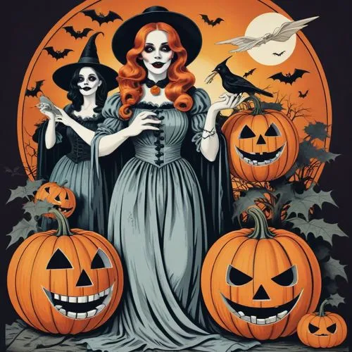 a painting of a woman and three jack - o'- lantern pumpkins,halloween poster,halloween illustration,samhain,halloween background,helloween,halloweentown