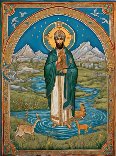 Imagine a suspenseful encounter with a rare creature near a field & stream.,baptism of christ,saint nicholias,saint mark,the good shepherd,saint patrick,saint paul,god of the sea,benediction of god th