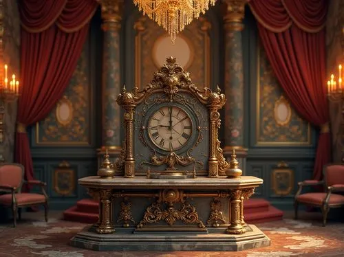 the throne,ornate room,throne,grandfather clock,rococo,baroque,3d render,ornate,centrepiece,old clock,victorian room,music box,tabernacle,ciborium,clock,tower clock,lectern,tabernacles,courtroom,antique table,Photography,General,Realistic