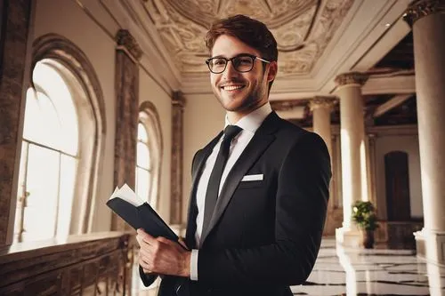 Modern architecture, luxurious villa, Master's degree holder, 30yo, male, confident smile, glasses, short brown hair, black suit, white shirt, black tie, holding diploma, standing, interior design, ma