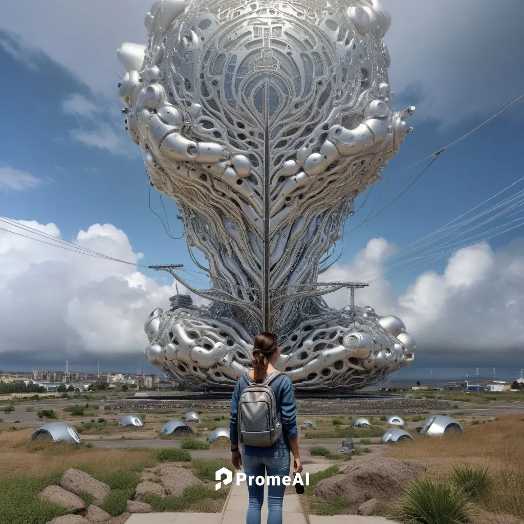 photorealistic , ultra detailed, real, high detailed, photo ,a person is walking along a path towards an artistic artwork,celtic tree,steel sculpture,mother earth statue,tree of life,strange tree,cell