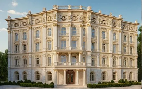 an exterior s of a large house that is white and brown,würzburg residence,ritzau,palladianism,tsaritsyno,tsarskoye,schleissheim palace,Photography,General,Natural