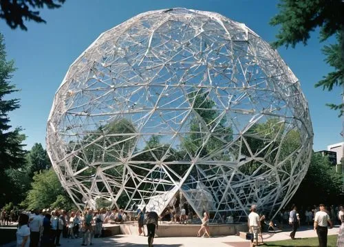 Geodesic dome, Buckminster Fuller, futuristic, white framework, triangular structures, metallic material, shiny surface, complex geometry, innovative design, Expo 67, Montreal, Canada, sunny day, blue