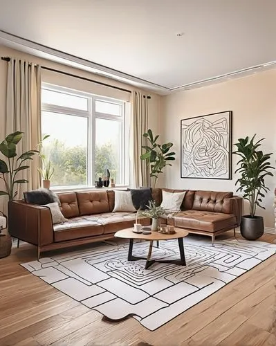 Modern living room, drywall interior, 3/4 composition, softbox lighting, minimalist decor, cream-colored walls, rectangular shape, smooth texture, warm beige tone, wooden floor, dark brown color, glos