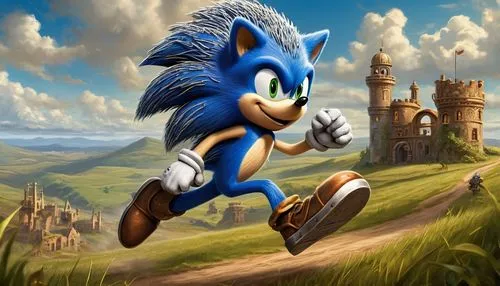 Sonic the Hedgehog, blue anthropomorphic hedgehog, spikes, green eyes, smile, running, dynamic pose, grassy plains, sunny day, fluffy white clouds, rolling hills, ancient ruins in the background, deta