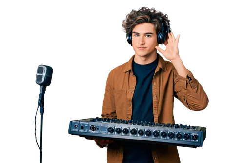 Audio equipment, headphones, microphone, sound mixer, audio engineer, young adult, male, messy hair, casual wear, relaxed posture, studio setting, softbox lighting, shallow depth of field, warm color 