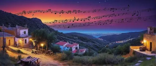 musical background,music notes,lights serenade,musical notes,orchestra,concerto for piano,musical ensemble,fantasy picture,musicians,music note,musical note,night scene,serenade,mountain village,songbirds,fantasy landscape,music background,the pied piper of hamelin,orchesta,music fantasy,Conceptual Art,Graffiti Art,Graffiti Art 02