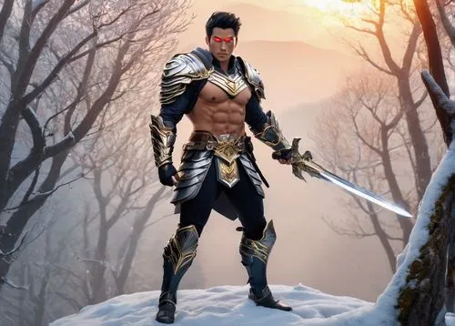 Grismo, dark fantasy, male warrior, muscular build, grey skin, sharp facial features, glowing red eyes, black hair with silver streaks, intricate armor set, shoulder pads, chest plate, gauntlets, boot